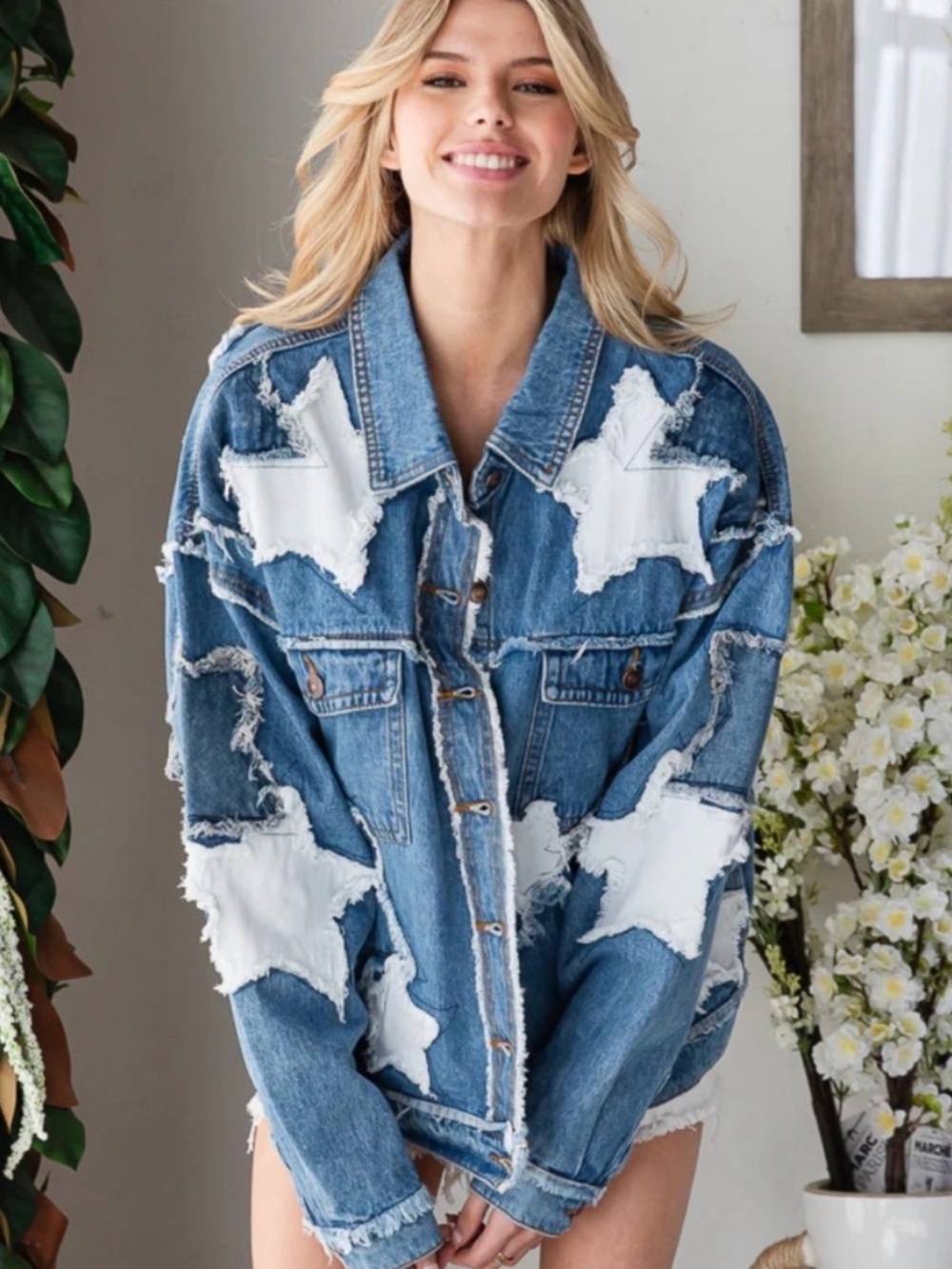 Oli & Hali Blue Distressed Denim Jacket with White Star Patchwork